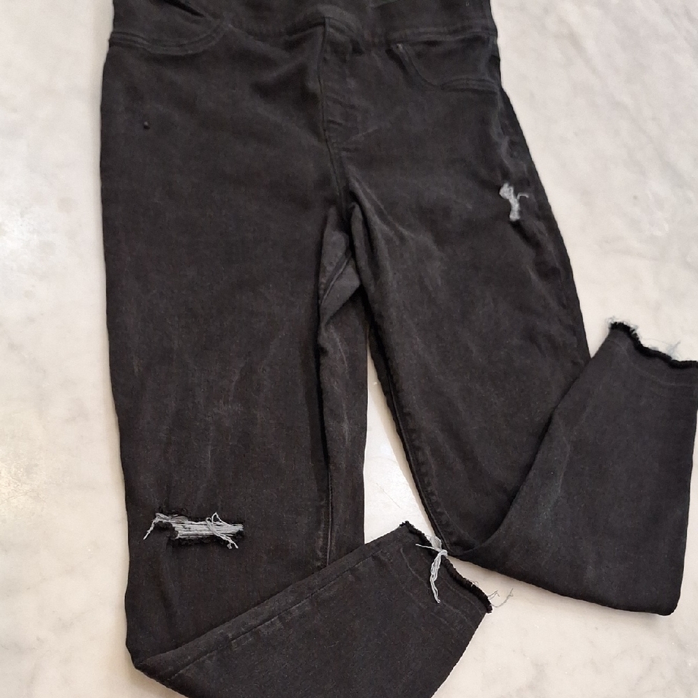 Spanx Skinny Pull On Stretch Distressed Black Jeans Womens Sz XL Rocker Raw Hem